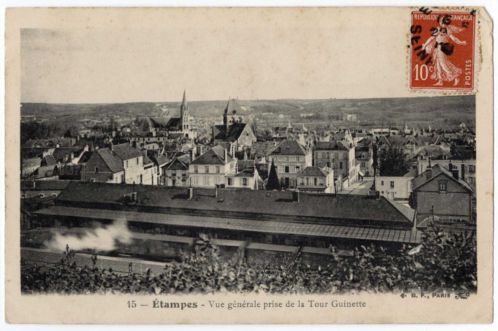ETAMPES. - Vue générale prise de la tour de Guinette [Editeur BF, 1908, timbre à 10 centimes]. 