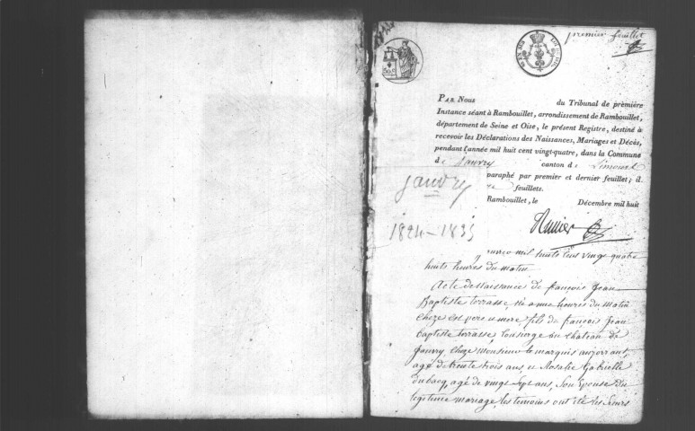 JANVRY. Naissances, mariages, décès : registre d'état civil (1824-1835). 