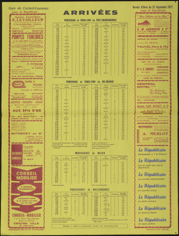 Le Républicain [quotidien régional d'information]. - Arrivées des trains en gare de Corbeil-Essonnes, à partir du 25 septembre 1977 [service d'hiver] (1977). 