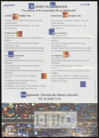 CORBEIL-ESSONNES. - Journées du patrimoine : Les métiers et les savoir-faire liés au patrimoine, 19 septembre-20 septembre 1998. 