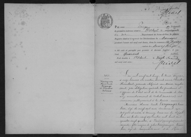 BRUNOY.- Mariages : registre d'état civil (1912). 
