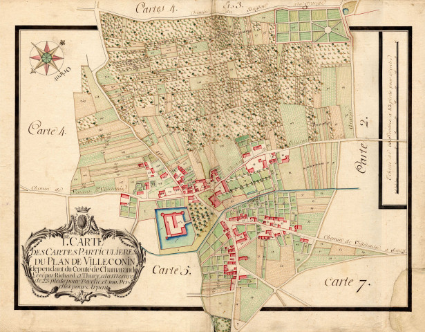 VILLECONIN. - Atlas de sept cartes particulières du plan de VILLECONIN dépendant du comté de CHAMARANDE, levé par RICHARD et THURY à la mesure de 22 pieds pour perche et 100 perches pour arpent [milieu XVIIIe siècle]. 
