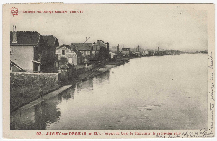 JUVISY-SUR-ORGE. - Aspect du quai de l'Industrie, le 14 février 1910. Paul Allorge (1910), 10 lignes, 2x5 c, ad. 
