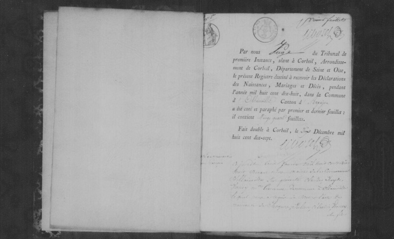 OLLAINVILLE. - Naissances, mariages, décès : registre d'état civil (1818-1828). (OLLAINVILLE : commune créée en 1793 aux dépens de BRUYERES-LE-CHÂTEL) 