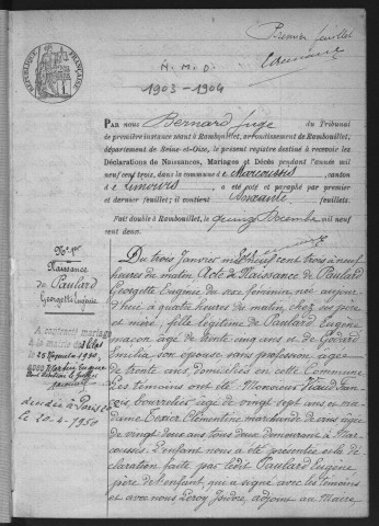 MARCOUSSIS.- Naissances, mariages, décès : registre d'état civil (1902-1903). 