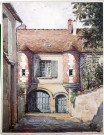 Extérieur : façade avec portail et tourelle, côté rue, reproduction d'une aquarelle de N. Judin de 1946, sans date, Plan film positif couleur.