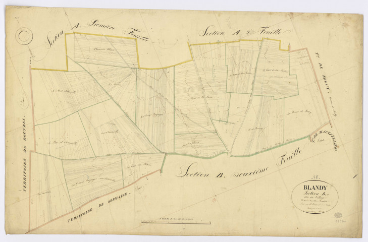 BLANDY. - Section B - Village (le), 1, ech. 1/2500, coul., aquarelle, papier, 68x104 (1831). 