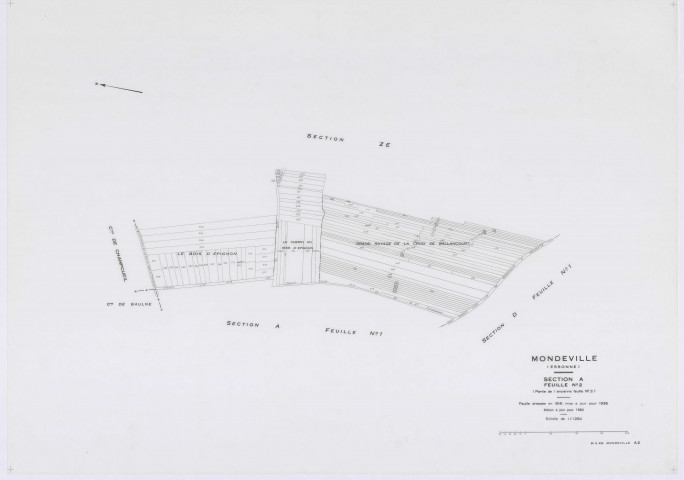 MONDEVILLE, plans minutes de conservation : tableau d'assemblage, 1936, Ech. 1/5000 ; plans des sections A1, A2, D1, D2, D3, D4, D5, 1936, Ech. 1/1250, section C, 1936, Ech. 1/2500, sections ZA, ZB, ZC, ZD, ZE, 1962, Ech. 1/2000. Polyester. N et B. Dim. 105 x 80 cm [14 plans]. 