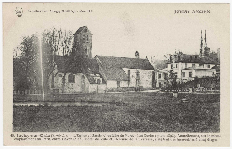 JUVISY-SUR-ORGE. - L'église et le bassin circulaire du parc. Les écoles. Seine-et-Oise Artistique, Paul Allorge. 