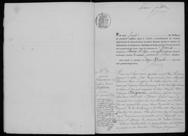 YERRES. Naissances, mariages, décès : registre d'état civil (1883-1887). 