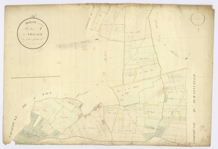 BOISSY-SOUS-SAINT-YON. - Section A - Village (le), 4, ech. 1/2500, coul., aquarelle, papier, 70x103 (1826). 