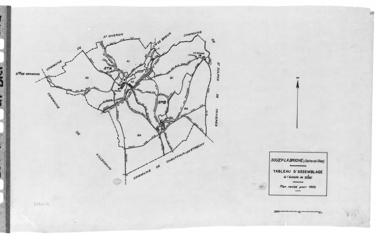 SOUZY-LA-BRICHE. - Cadastre révisé pour 1933 : plan du tableau d'assemblage , plans de la section A le Village 3ème feuille, section B la Briche 1ère feuille, idem 3ème feuille, [4 plans]. 
