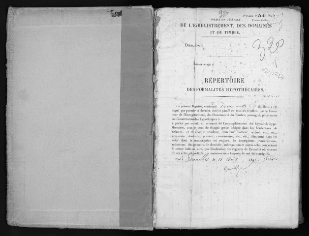 Conservation des hypothèques de CORBEIL. - Répertoire des formalités hypothécaires, volume n° 320 : A-Z (registre ouvert en 1897). 