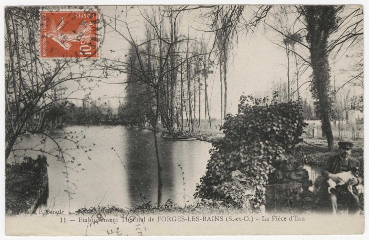 FORGES-LES-BAINS. - Etablissement thermal, la pièce d'eau [Editeur Bérail, 1913, timbre à 10 centimes]. 