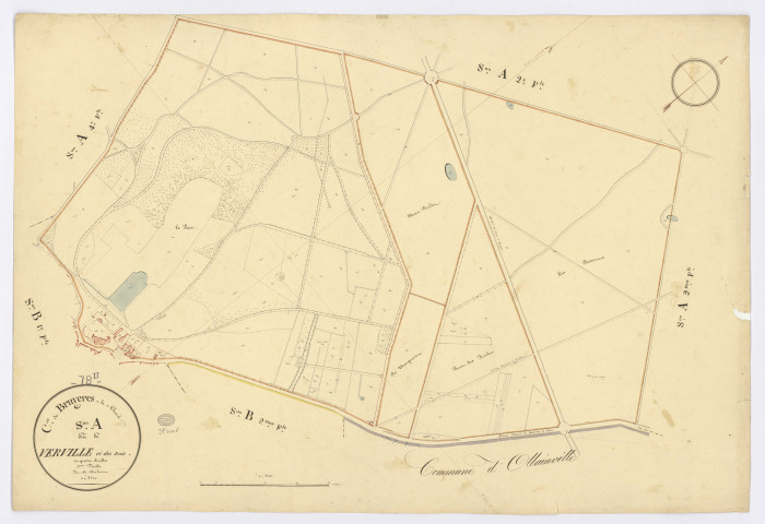 BRUYERES-LE-CHATEL. - Section A - de Verville et des Bois, 3, ech. 1/2500, coul., aquarelle, papier, 63x92 (1820).