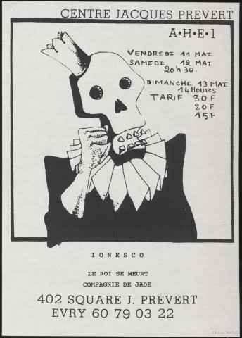 EVRY. - Théâtre : le Roi se meurt, Centre Jacques-Prévert, 11 mai-13 mai 1990. 