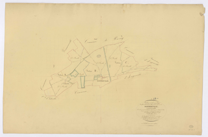 ANGERVILLE, Dommerville. - Tableau d'assemblage, ech. 1/10000, coul., aquarelle, papier, 69x102 (1839). 