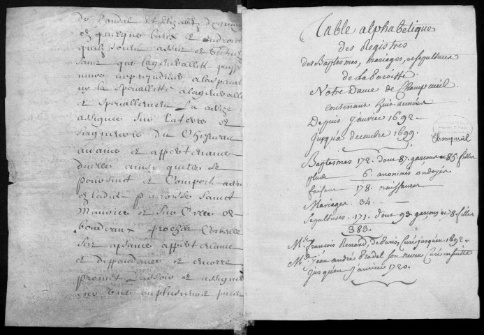 CHAMPCUEIL. - Registre des baptêmes, mariages et sépultures (20/03/1692 - 31/12/1699). 