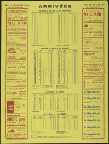 Le Républicain [quotidien régional d'information]. - Arrivées des trains en gare de Corbeil-Essonnes, à partir du 22 mai 1977 [service d'été] (1977). 