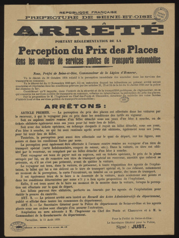 Seine-et-Oise [Département]. - Arrêté préfectoral portant réglementation de la perception du prix des places dans les voitures de services publics de transports automobiles, 11 août 1939. 
