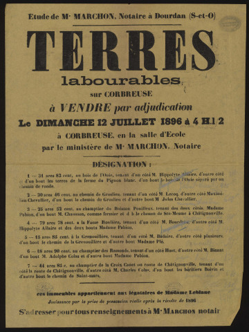 CORBREUSE.- Vente par adjudication de terres labourables, 12 juillet 1896. 