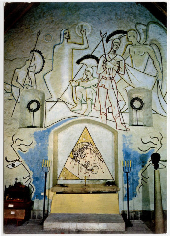 MILLY-LA-FORET. - Chapelle Saint-Blaise des Simples. L'autel, le Christ aux épines, les anges et les gardiens, fresque [Editeur Ballerini, Milly-la-Forêt, 1970, couleur]. 