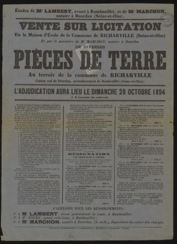 RICHARVILLE.- Vente sur licitation de terres labourables, 28 octobre 1894. 