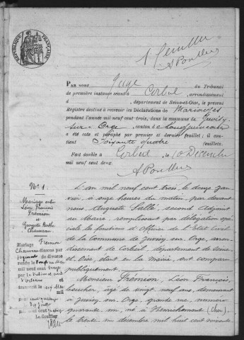 JUVISY-SUR-ORGE.- Mariages : registre d'état civil (1903). 