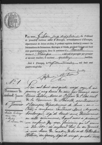 BOUVILLE.- Naissances, mariages, décès : registre d'état civil (1891-1905). 