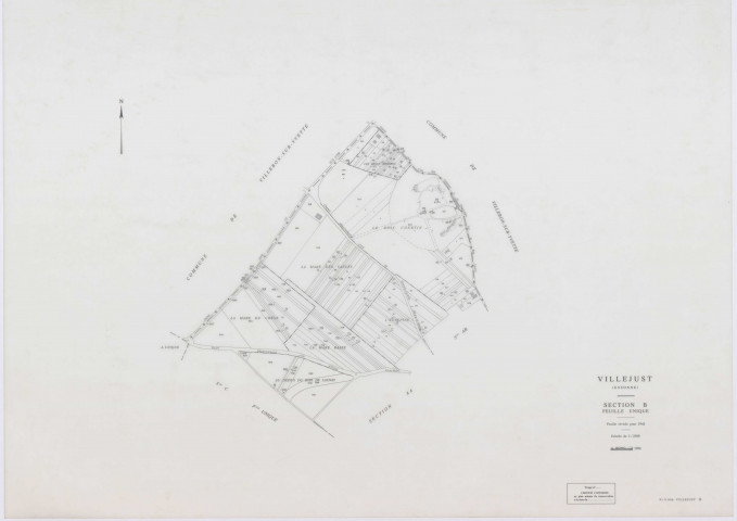 VILLEJUST, plans minutes de conservation : tableau d'assemblage,1942, Ech. 1/10000 ; plans des sections B, C, D, E, 1942, Ech. 1/2500, sections AA, AB, AD, 1990, Ech. 1/1000, section AC, 1992, Ech. 1/1000, sections AE, AH, AI, 2001, Ech. 1/1000 . Polyester. N et B. Dim. 105 x 80 cm [12 plans]. 