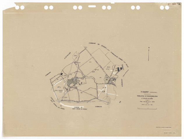 TIGERY, plans minutes de conservation : tableau d'assemblage,1933, Ech. 1/10000 ; plans des sections A1, A2, A3, B2, B4, CU, 1933, Ech. 1/2500, sections B1, B3, 1933, Ech. 1/1250, sections ZA, ZB, 1988, Ech. 1/2000. Polyester. N et B. Dim. 105 x 80 cm [11 plans]. 