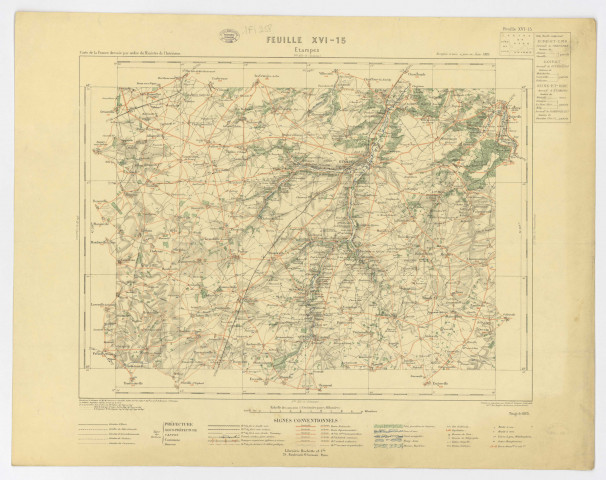 Carte d'ETAMPES (et des environs). - Feuille XVI - 15 : dressée sous la direction de M. CAMESCASSE, Conseiller d'Etat, Direction de l'Administration Départementale, M. BOUTERON, sous-directeur et M. ANTHOINE, ingénieur, chef du service de la carte, par ordre du Ministre de l'Intérieur, 1885. Ech. 1/100 000. N et B. Dim. 0,45 x 0,57. 