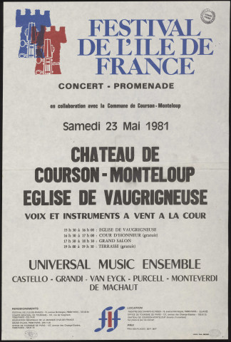 COURSON-MONTLOUP, VAUGRIGNEUSE.- Festival d'Ile-de-France : concert, promenade, voix et instruments à vent à la Cour, château de Courson-Montloup, église de Vaugrigneuse, 23 mai 1981. 