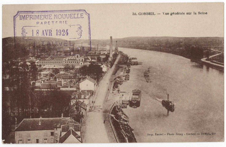 CORBEIL-ESSONNES. - Vue générale sur la Seine, Tauvel, 1924, sépia. 