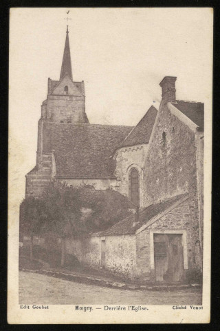 MOIGNY . - Derrière l'église. Editeur Goubet, cliché Venot, 1 timbre à 6 francs, sépia. 