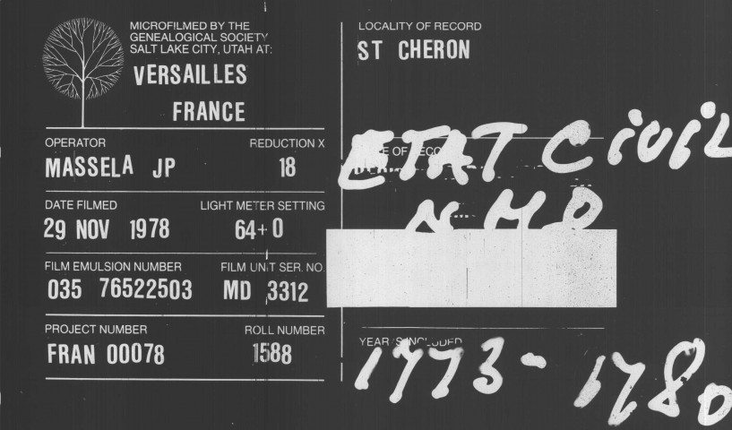 SAINT-CHERON. Paroisse Saint-Chéron : Baptêmes, mariages, sépultures : registre paroissial (1773-1780). 