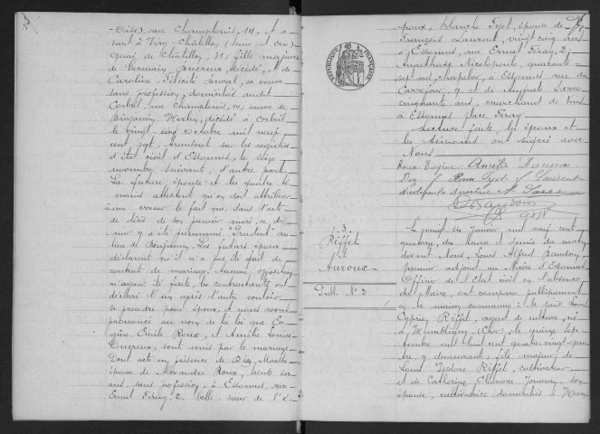 ESSONNES.- Mariages : registre d'état civil. 