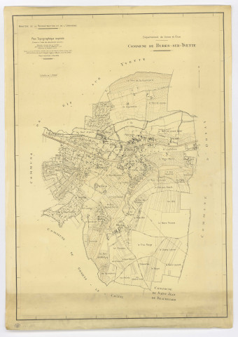 Plan topographique de BURES-SUR-YVETTE, dessiné par M. THOMAS, géomètre-expert, Ministère de la Reconstruction et de l'Urbanisme, 1947. Ech. 1/50 000. N et B. Dim. 0,75 x 1,05. 