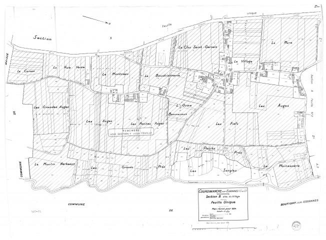 COURDIMANCHE-SUR-ESSONNE. - Cadastre révisé pour 1934 : plan du tableau d'assemblage, plans de la section B le Village, section D les Friches 2ème feuille, [3 plans]. 