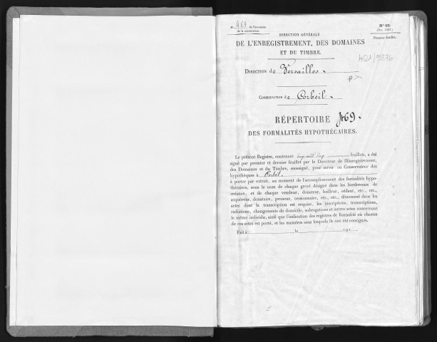 Conservation des hypothèques de CORBEIL. - Répertoire des formalités hypothécaires, volume n° 469 : A-Z (registre ouvert vers 1920). 