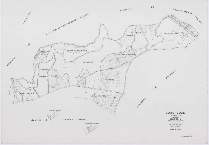 CORBREUSE, plans minutes de conservation : tableau d'assemblage,1940, Ech. 1/10000 ; plans des sections A, B1, B3, C, 1940, Ech. 1/2500, sections R, S1, S2, T, U, V1, V2, W, X, Y, Y, Z, 1960, Ech. 1/2000, section ZA, 1994, Ech. 1/2000. Polyester. N et B. Dim. 105 x 80 cm [18 plans]. 