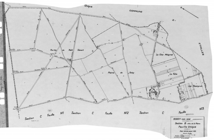 SOISY-SUR-SEINE. - Cadastre révisé pour 1935 : plans de la section A la Forêt, section B la Plaine, section C Soisy 1ère feuille, idem 2ème feuille, idem 3ème feuille, idem 4ème feuille, idem 5ème feuille; cadastre révisé pour 1935 renouvelé pour 1940 : plans de la section C Soisy 5ème ; cadastre révisé pour 1935 mis à jour pour 1970 : plans de la section C Soisy 2ème feuille, idem 5ème feuille, [10 plans]. 