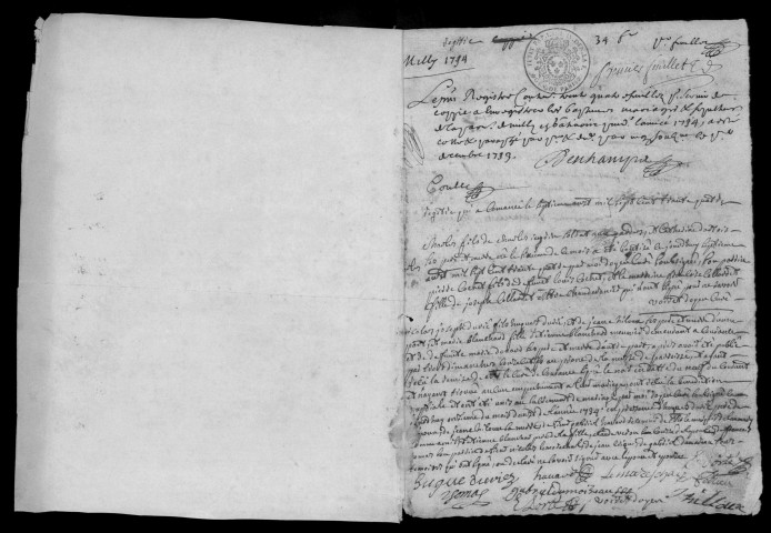 MILLY-LA-FORET. - Registre paroissial des baptêmes, mariages et sépultures (1734-1748). 