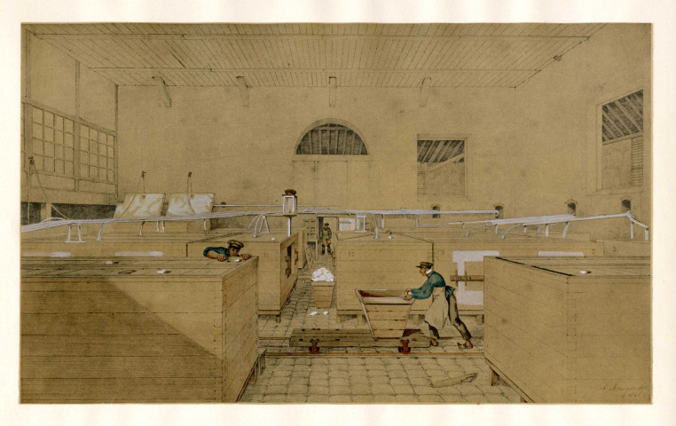 CORBEIL-ESSONNES.- La papeterie d'Essonnes, la fabrication du papier : salle des cuves de lessivage, par A. Maugendre, 1846, Coul. Dim. 37 x 45 cm. [1exemplaire]. 