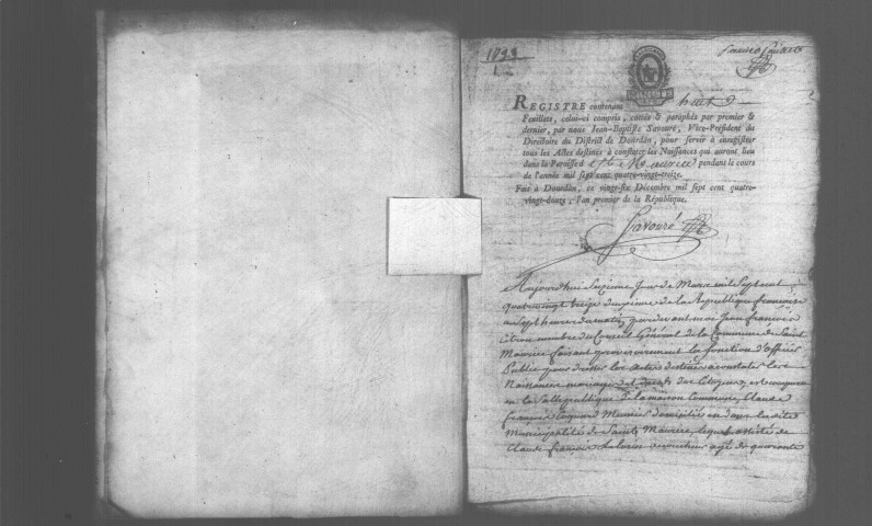 SAINT-MAURICE-MONTCOURONNE. Naissances, mariages, décès : registre d'état civil (1793-an XIII). [mariages (an VII et les six premiers mois de l'an VIII), voir 4E917-918. N.M.D. (an XII), voir début 4E2594. Nota bene : publications de mariages (an IV)]. 