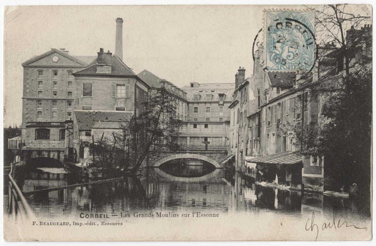CORBEIL-ESSONNES. - Les grands moulins sur l'Essonne, 1905, 3 mots, 5 c, ad. 