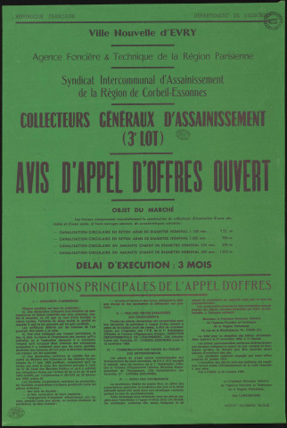 EVRY. - Avis d'appel d'offres ouvert pour la construction de collecteurs d'évacuation d'eaux pluviales et d'eaux usées et leurs ouvrages annexes [3ème lot], 28 octobre 1969. 