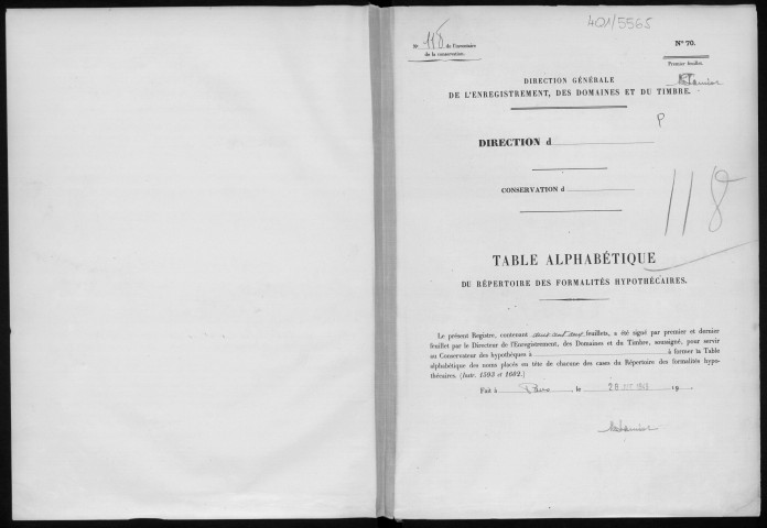 Conservation des hypothèques de CORBEIL. - Table alphabétique du répertoire des formalités hypothécaires, volume n° 118 : A-Z (registre ouvert en 1949). 