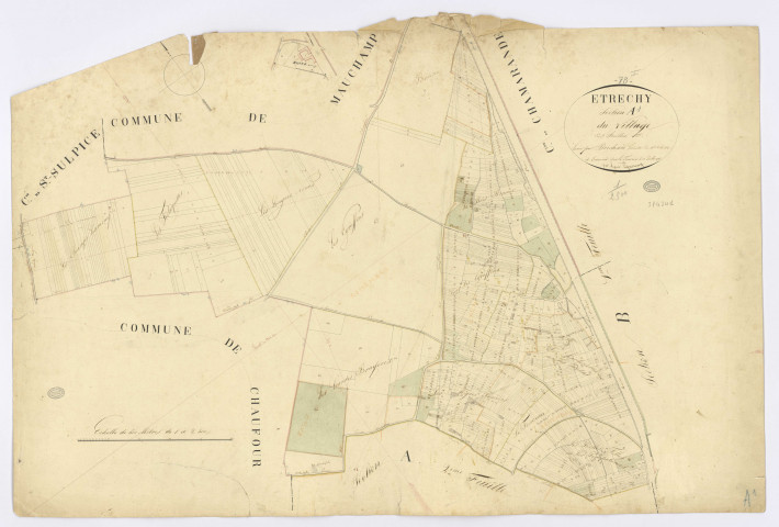 ETRECHY. - Section A - Village (le), 1, ech. 1/2500, coul., aquarelle, papier, 64x97 (1825). 