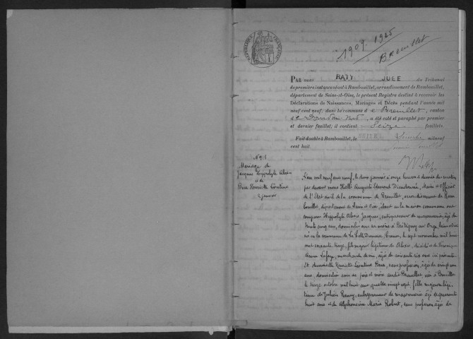BREUILLET.- Naissances, mariages, décès : registre d'état civil (1909-1925). 